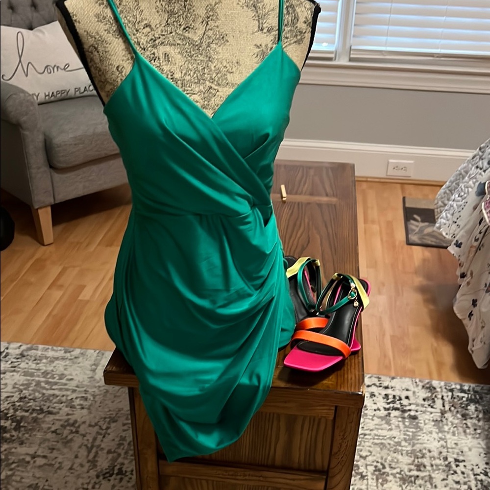 Green Ruched Wrap Mini Dress Spaghetti Strap